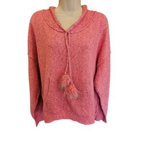 NWT Fate Pink Oversized Hooded Speckled Pull Over Pom Pom knit sweater M winter